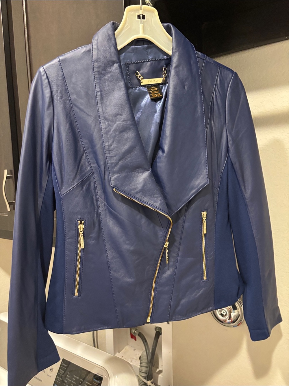 IMAN Navy Blue Leather Asymmetrical Zip Jacket